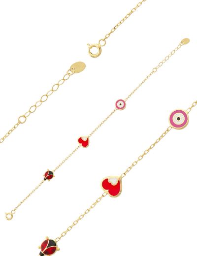 Altın Mineli Çocuk Bilekliği - Uğur Böceği, Kalp, Nazar Gözü