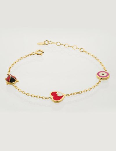 Altın Mineli Çocuk Bilekliği - Uğur Böceği, Kalp, Nazar Gözü resmi