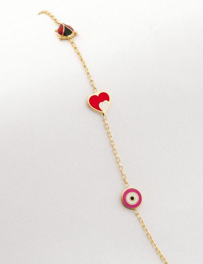 Altın Mineli Çocuk Bilekliği - Uğur Böceği, Kalp, Nazar Gözü resmi