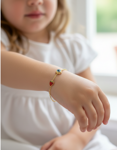 Altın Mineli Çocuk Bilekliği - Kiraz, Nazar Boncuğu, Çilek Figürlü resmi
