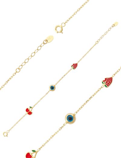 Altın Mineli Çocuk Bilekliği - Kiraz, Nazar Boncuğu, Çilek Figürlü resmi