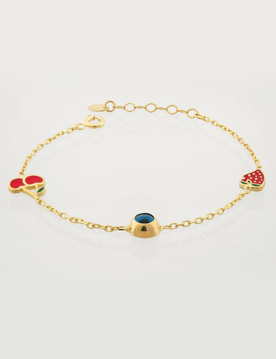 Altın Mineli Çocuk Bilekliği - Kiraz, Nazar Boncuğu, Çilek Figürlü resmi