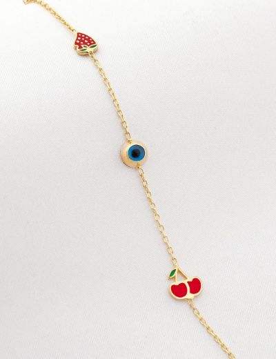 Altın Mineli Çocuk Bilekliği - Kiraz, Nazar Boncuğu, Çilek Figürlü resmi