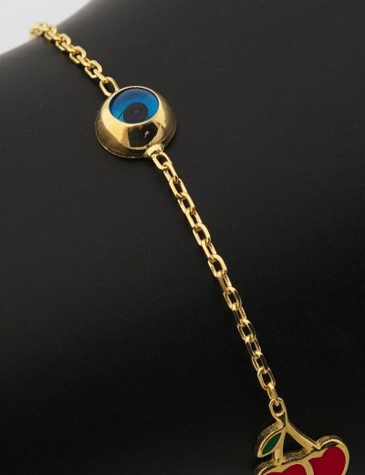 Altın Mineli Çocuk Bilekliği - Kiraz, Nazar Boncuğu, Çilek Figürlü resmi