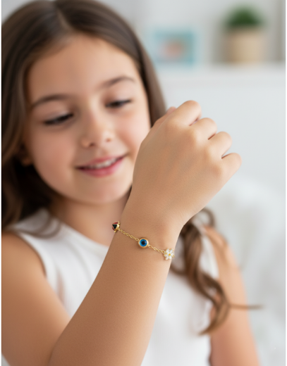 Mineli Çocuk Bilekliği - Uğur Böceği, Nazar Boncuğu, Çiçek resmi