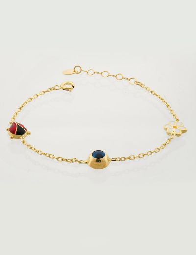 Mineli Çocuk Bilekliği - Uğur Böceği, Nazar Boncuğu, Çiçek resmi