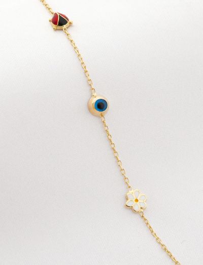 Mineli Çocuk Bilekliği - Uğur Böceği, Nazar Boncuğu, Çiçek resmi