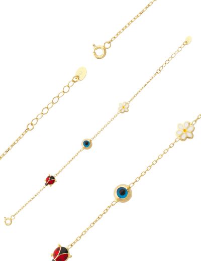 Mineli Çocuk Bilekliği - Uğur Böceği, Nazar Boncuğu, Çiçek resmi