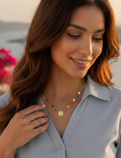 14 Ayar Altın Yuvarlak Plaka Nazar Kolye resmi