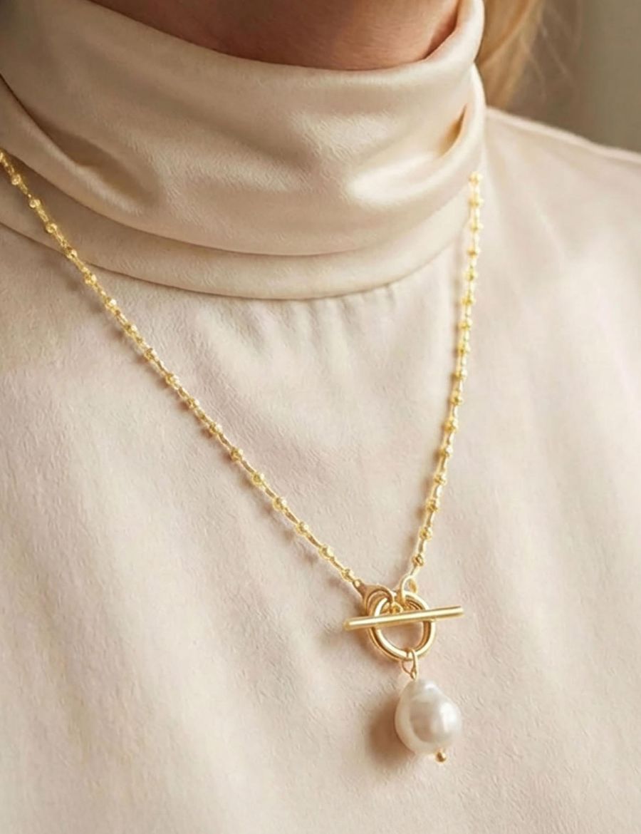 Barok İnci Modern T-Toka Altın Kolye-14 Ayar resmi