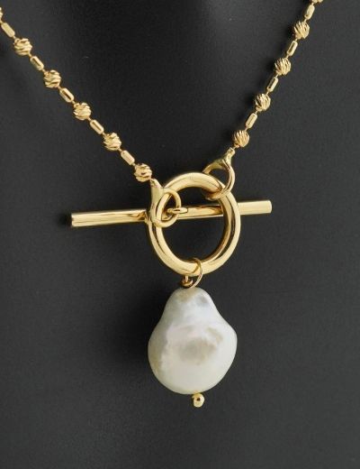 Barok İnci Modern T-Toka Altın Kolye-14 Ayar resmi