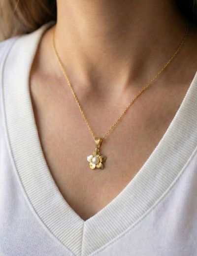 Tek Renk İnci Çiçek Altın Kolye-14 Ayar resmi