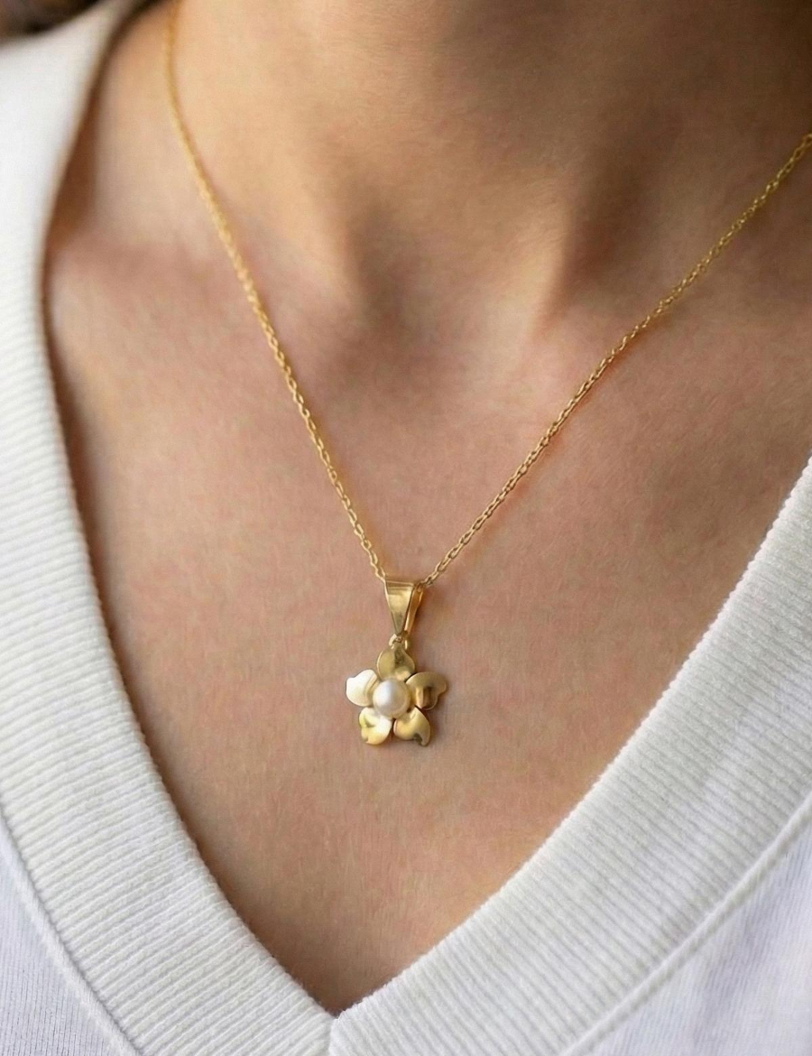 Tek Renk İnci Çiçek Altın Kolye-14 Ayar resmi