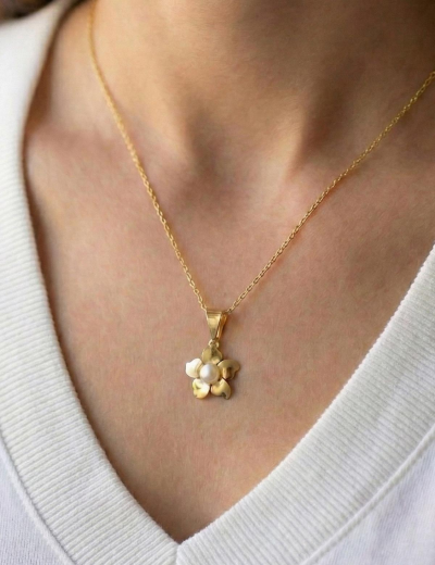 Tek Renk İnci Çiçek Altın Kolye-14 Ayar resmi