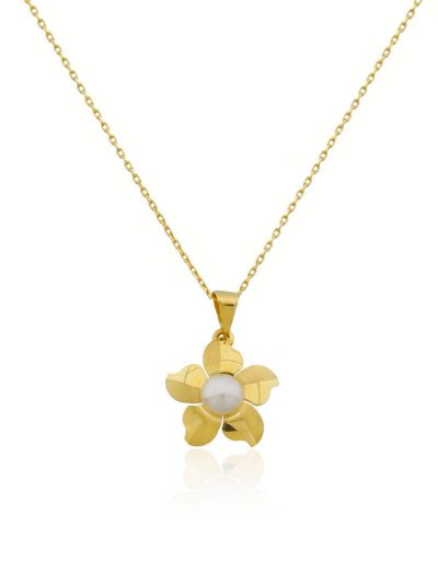 Tek Renk İnci Çiçek Altın Kolye-14 Ayar resmi