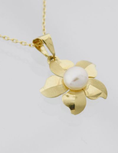 Tek Renk İnci Çiçek Altın Kolye-14 Ayar resmi