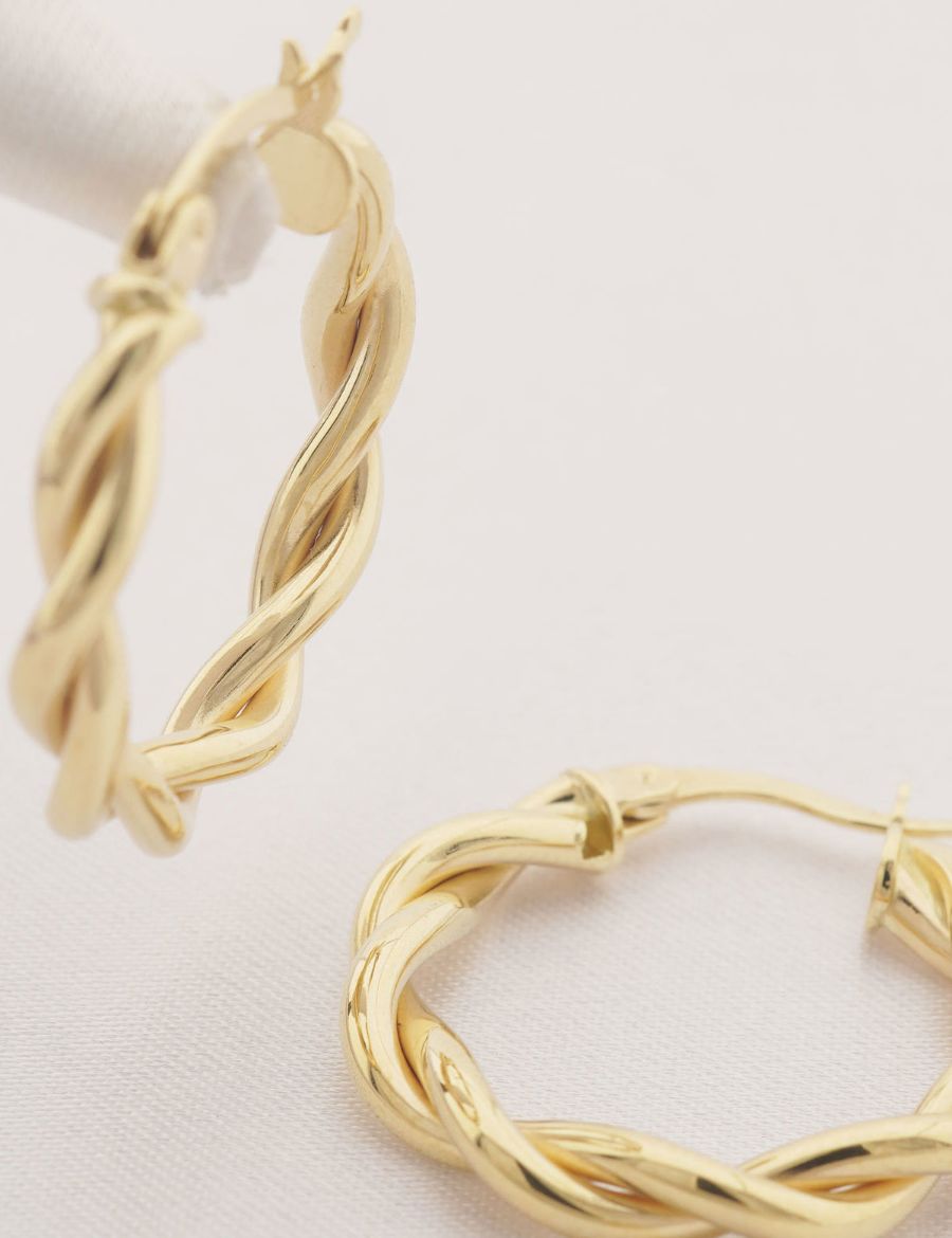 Parlak Çift Burgu 14 Ayar Altın Halka Küpe-Büyük Boy resmi