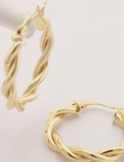 Parlak Çift Burgu 14 Ayar Altın Halka Küpe-Büyük Boy resmi