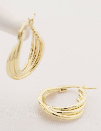 Parlak Üçlü Sarmal 14 Ayar Halka Altın Küpe-Büyük Boy resmi