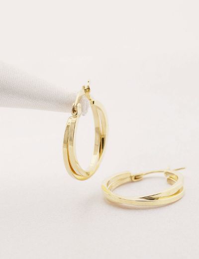 Parlak Çİft Sarmal 14 Ayar Halka Altın Küpe-Büyük Boy resmi