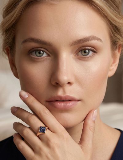 Kare Çapraz Doğal Safir 14 Ayar Altın Yüzük - Rose Gold resmi