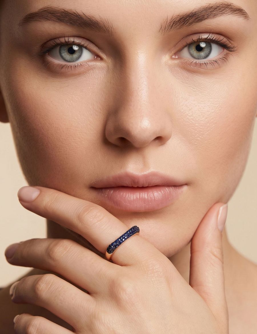 Kavisli Doğal Safir 14 Ayar Altın Yüzük - Rose Gold resmi
