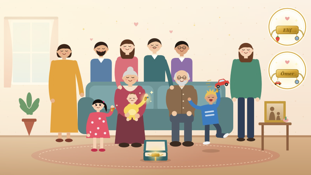 Geniş bir aile, babaannenin kucağındaki bebeğe isimli altın bebek künyesi takıyor